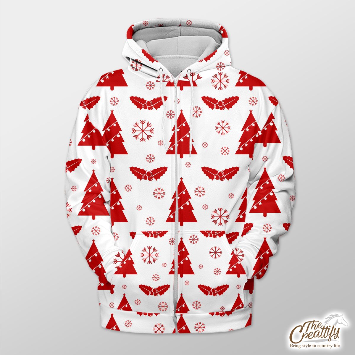Pine Tree With Christmas Light And Holly Left On The Snowflake Background Zip Hoodie