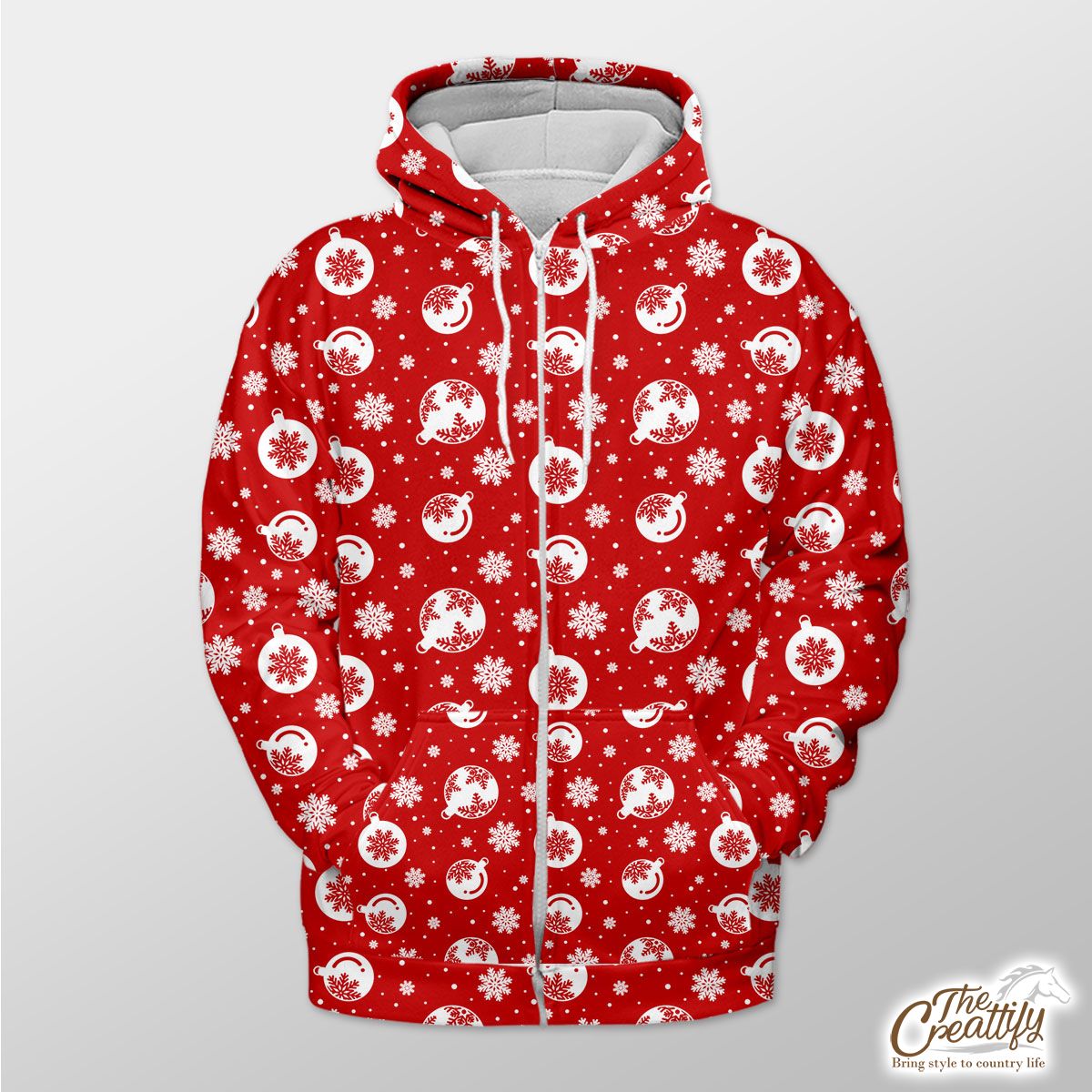 Red And White Christmas Balls On The Snowflake Background Zip Hoodie