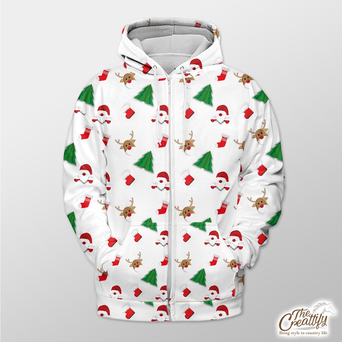 Santa Claus, Pine Tree Silhouette, Christmas Reindeer And Red Socks Seamless Pattern Zip Hoodie