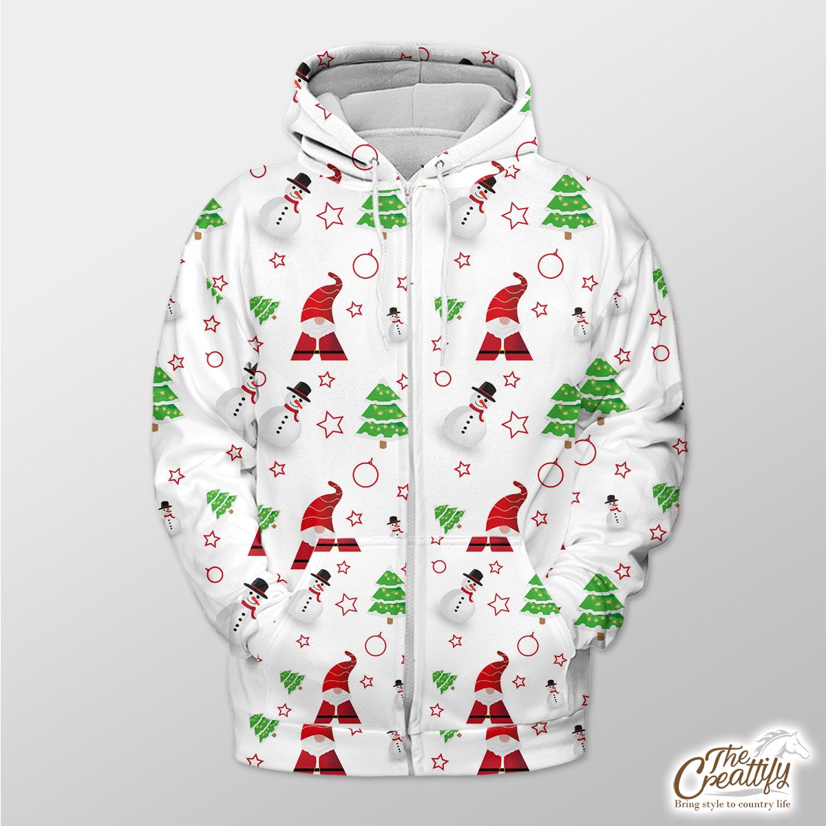 Santa Claus, Snowman Clipart And Pine Tree Silhouette Seamless Pattern Zip Hoodie