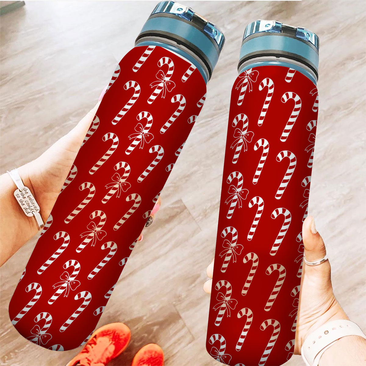 Candy Cane Red Christmas Tracker Bottle