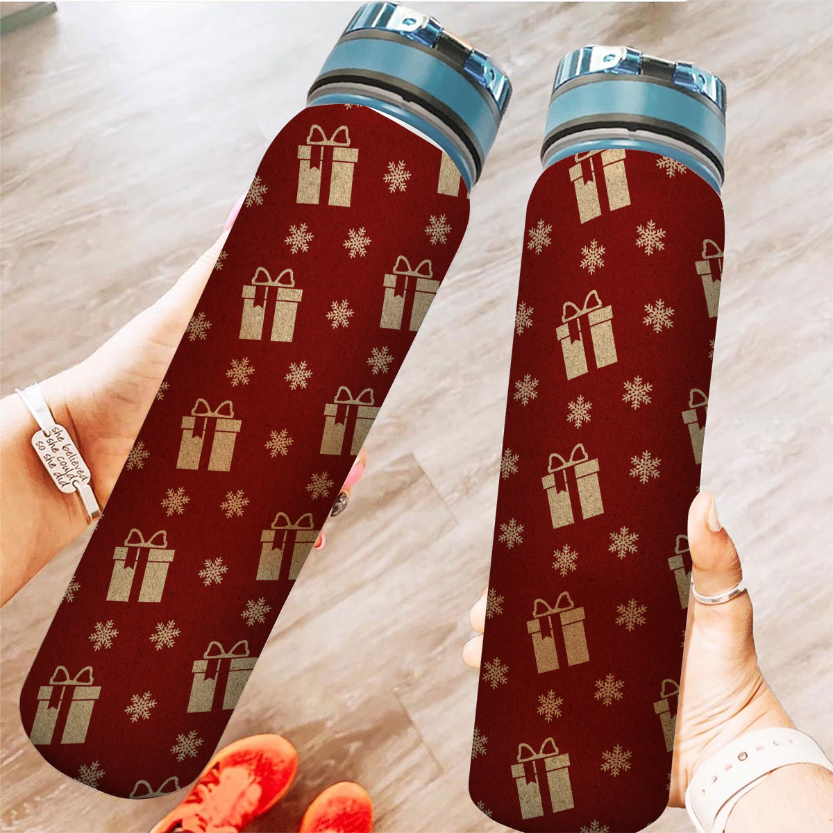 Christmas Presents And Snowflakes Seamless Pattern Tracker Bottle