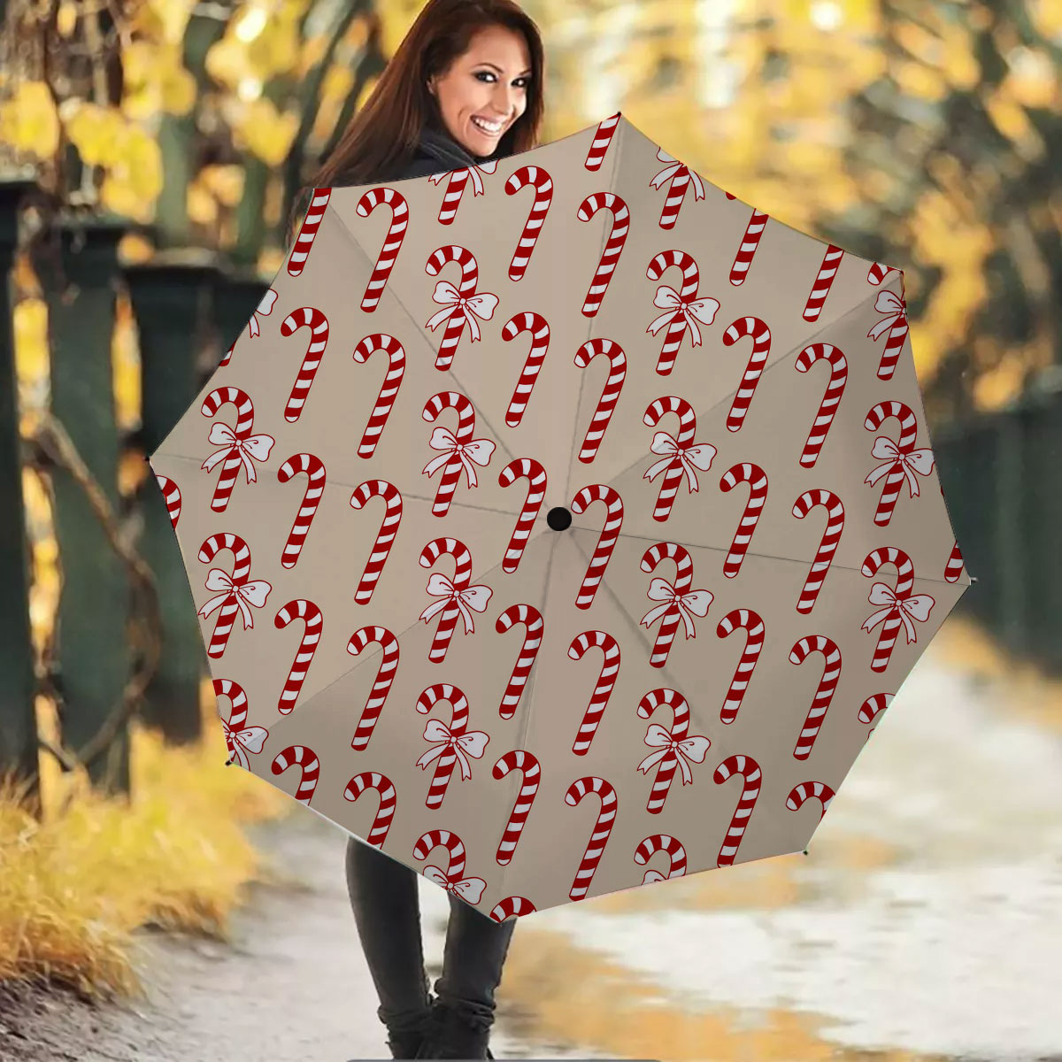 Candy Cane Beige Christmas Umbrella