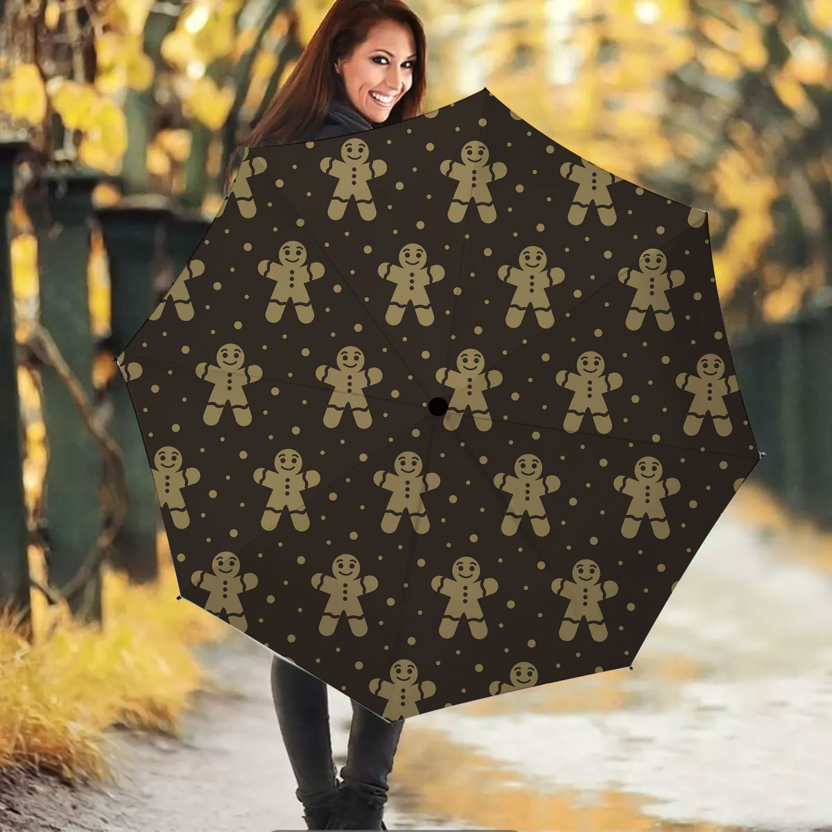 Christmas Gingerbread Man On The Dark Background Umbrella