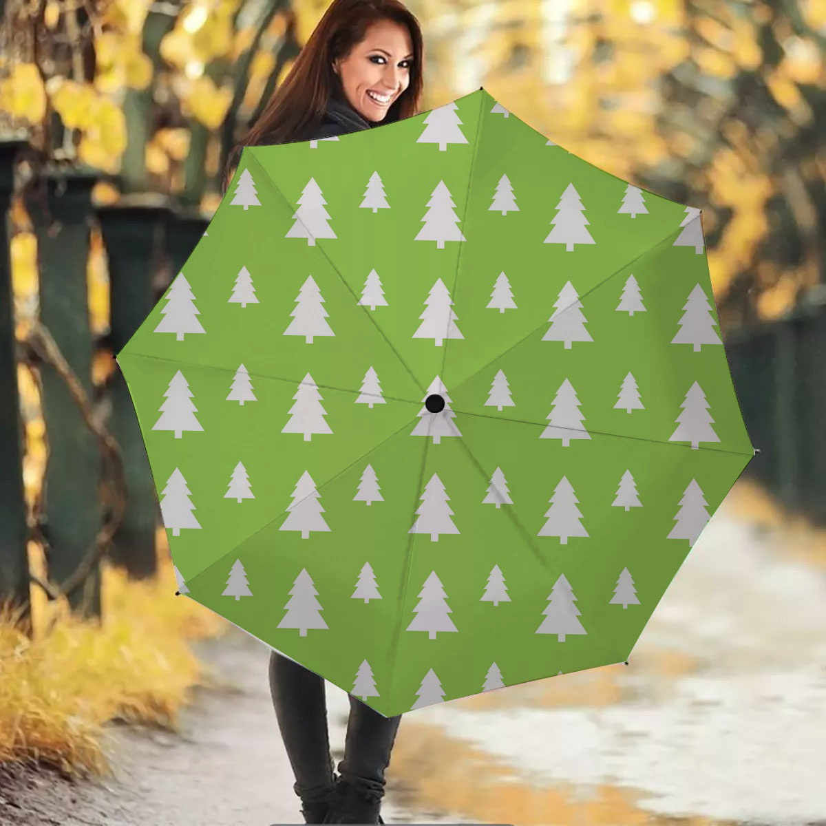 Christmas Pine Tree Silhouette On The Green Background Umbrella