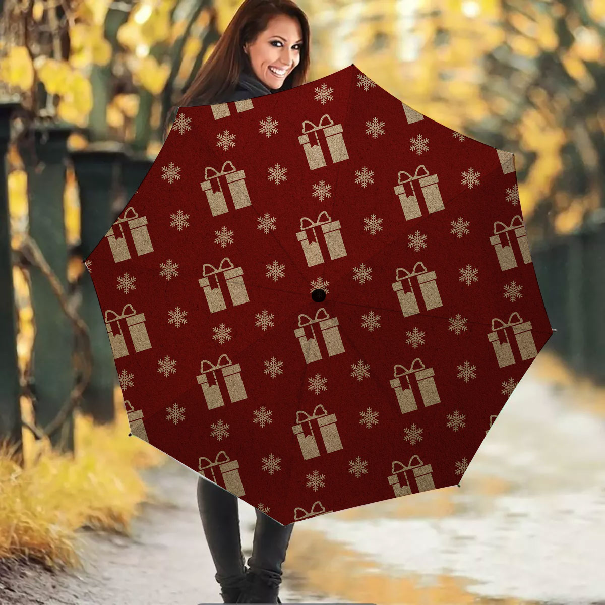 Christmas Presents And Snowflakes Seamless Pattern Umbrella