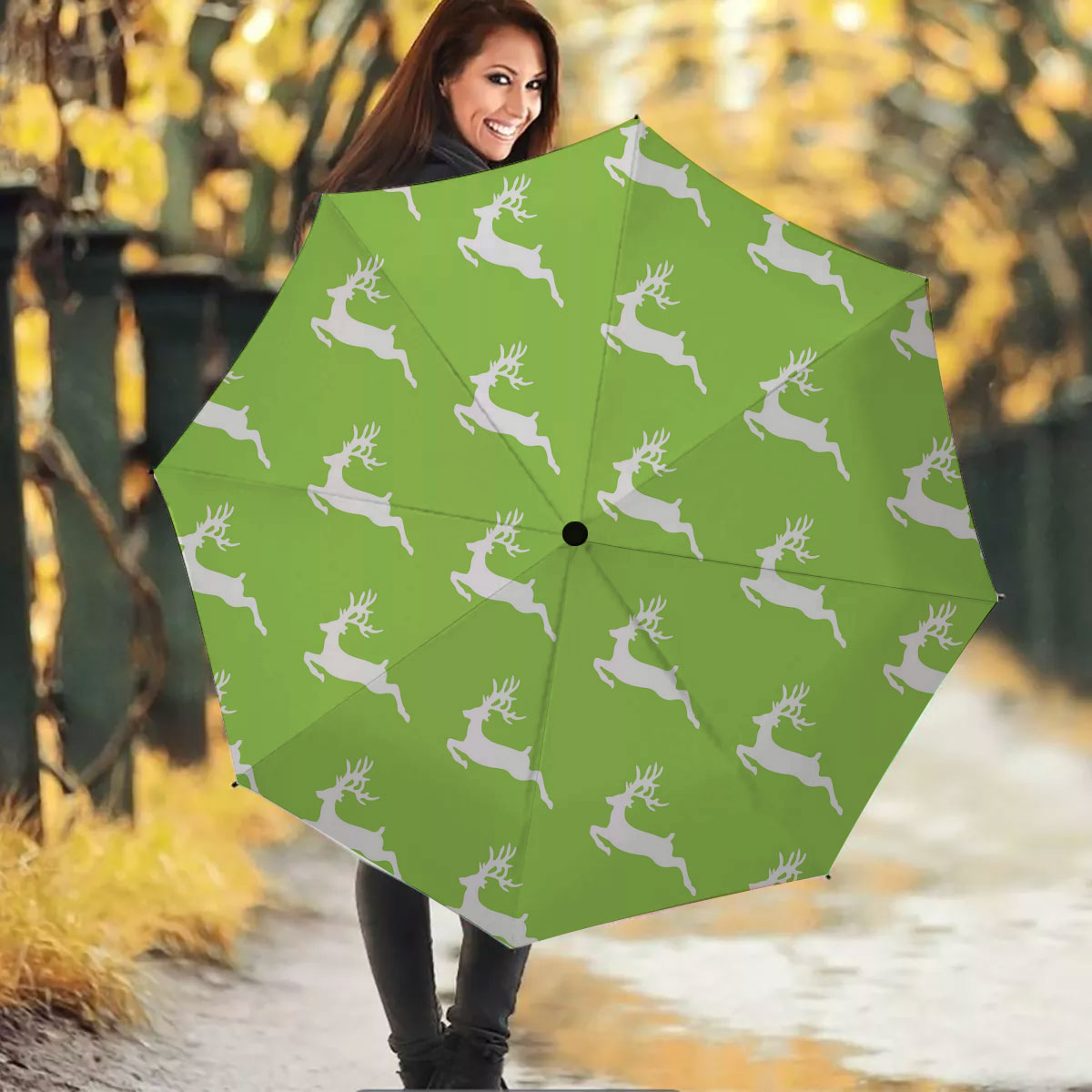 Christmas Reindeer On The Green Background Umbrella