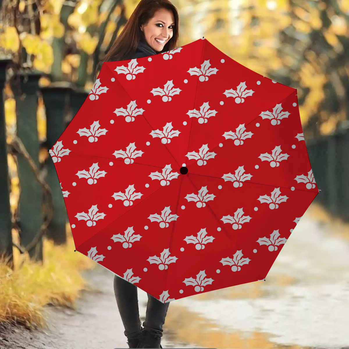 Christmas Seamless Holly Berry Pattern Umbrella