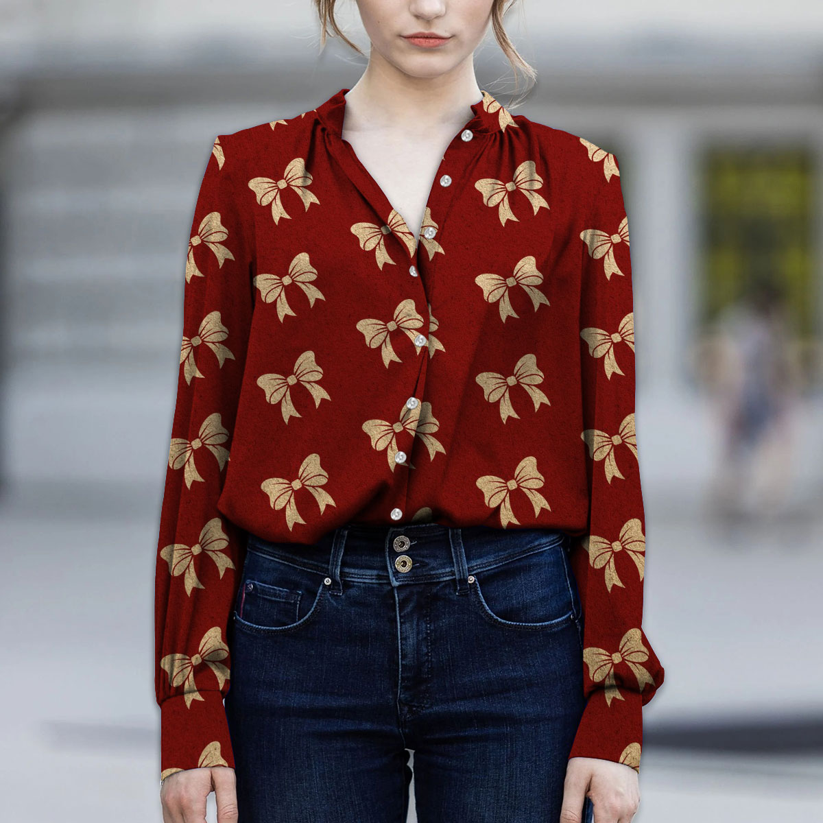 Christmas Bow, Christmas Tree Bows On Red V-Neckline Blouses