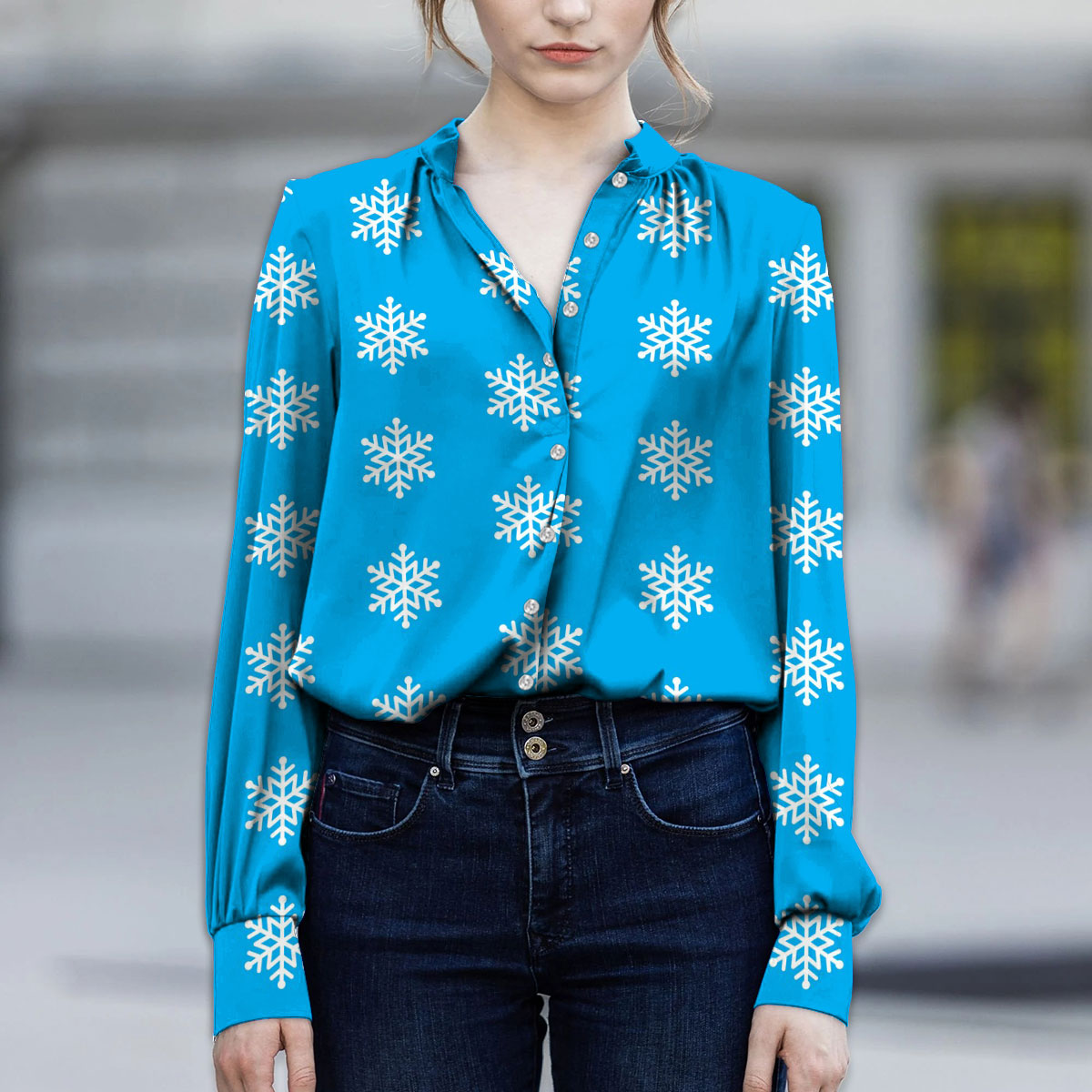 Christmas Snowflake Clipart On The Blue Background V-Neckline Blouses