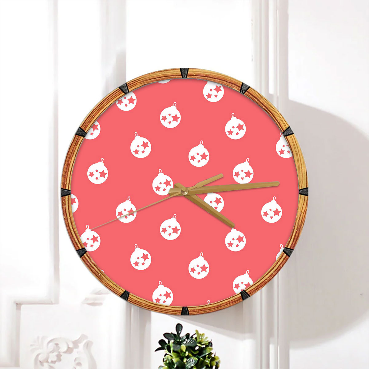 Christmas Balls On The Pink Background Wall Clock