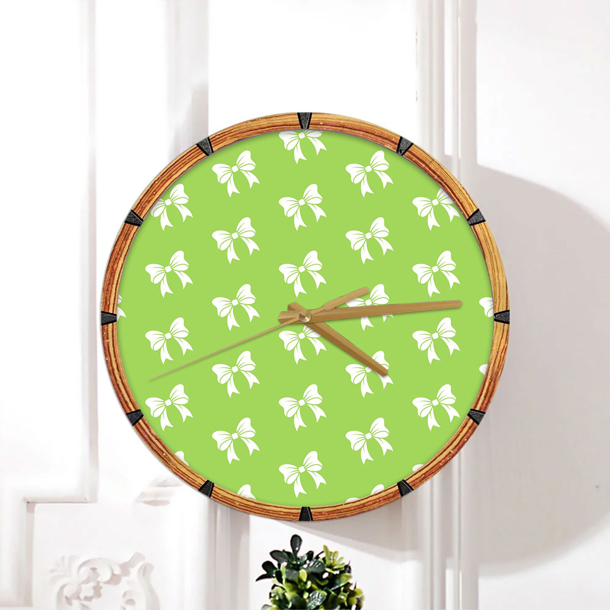 Christmas Bow, Christmas Tree Bows On The Green Background Wall Clock