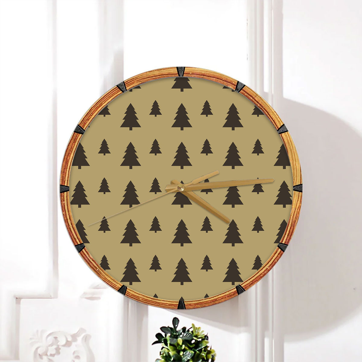 Christmas Pine Tree Silhouette On The Brown Background Wall Clock
