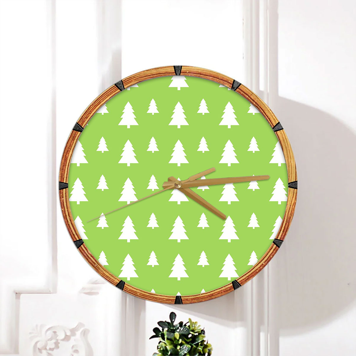 Christmas Pine Tree Silhouette On The Green Background Wall Clock