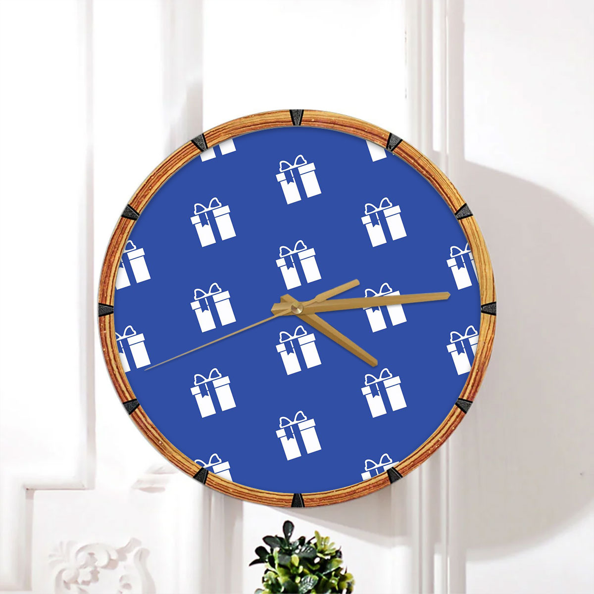 Christmas Present Clipart On The Navy Blue Color Background Wall Clock