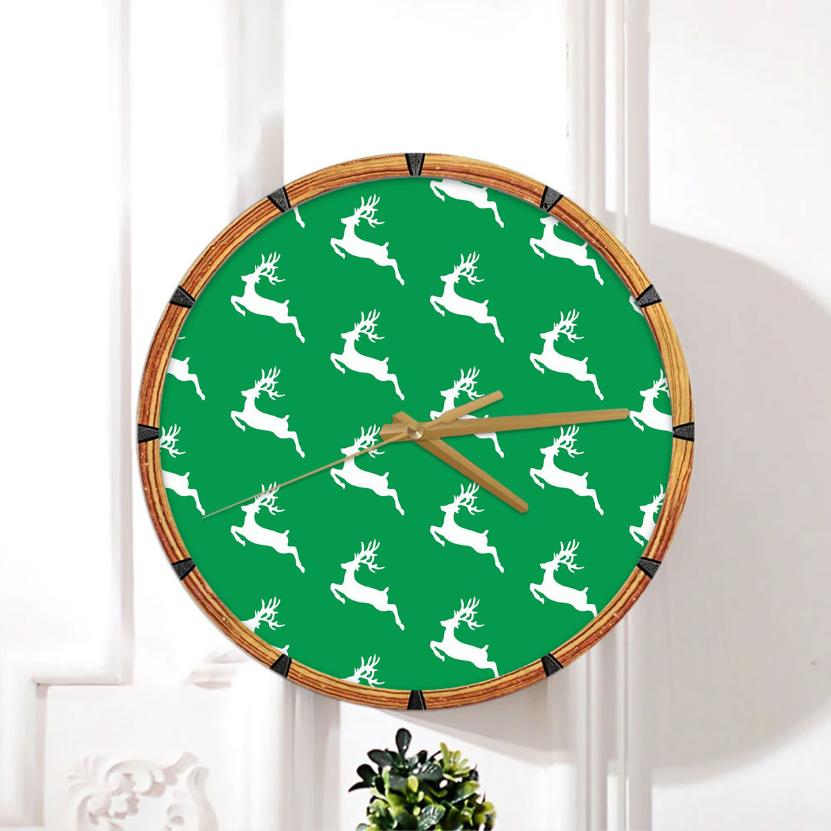 Christmas Reindeer, Santas Reindeer, Reindeer On Green Wall Clock