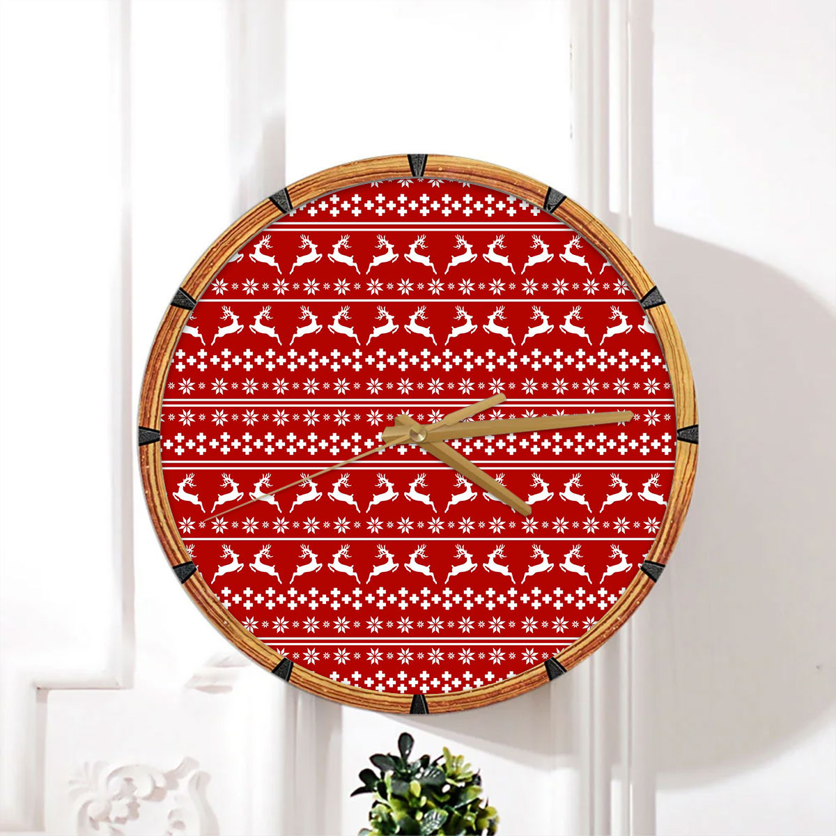 Christmas Reindeer, Snowflake Pattern Wall Clock