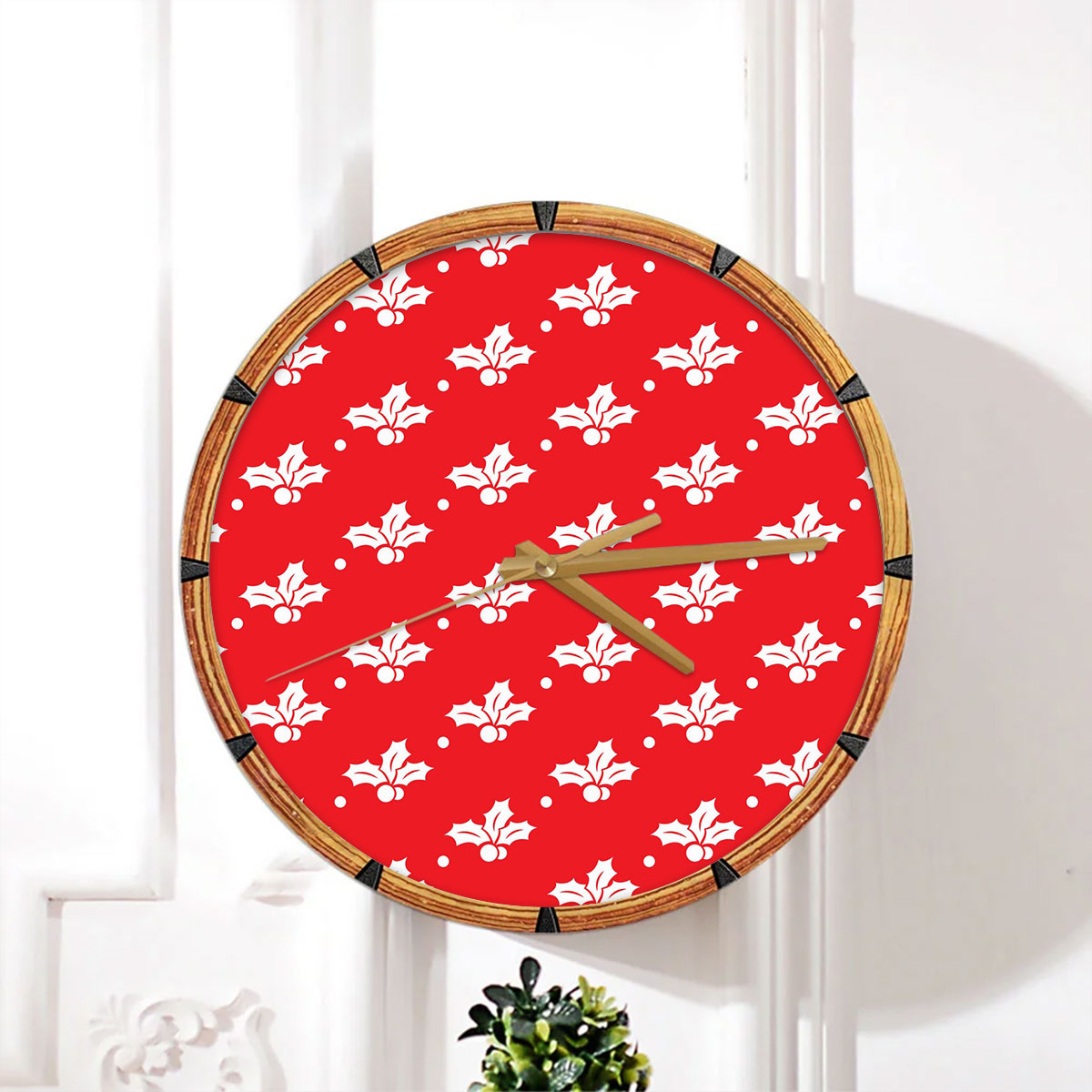 Christmas Seamless Holly Berry Pattern Wall Clock