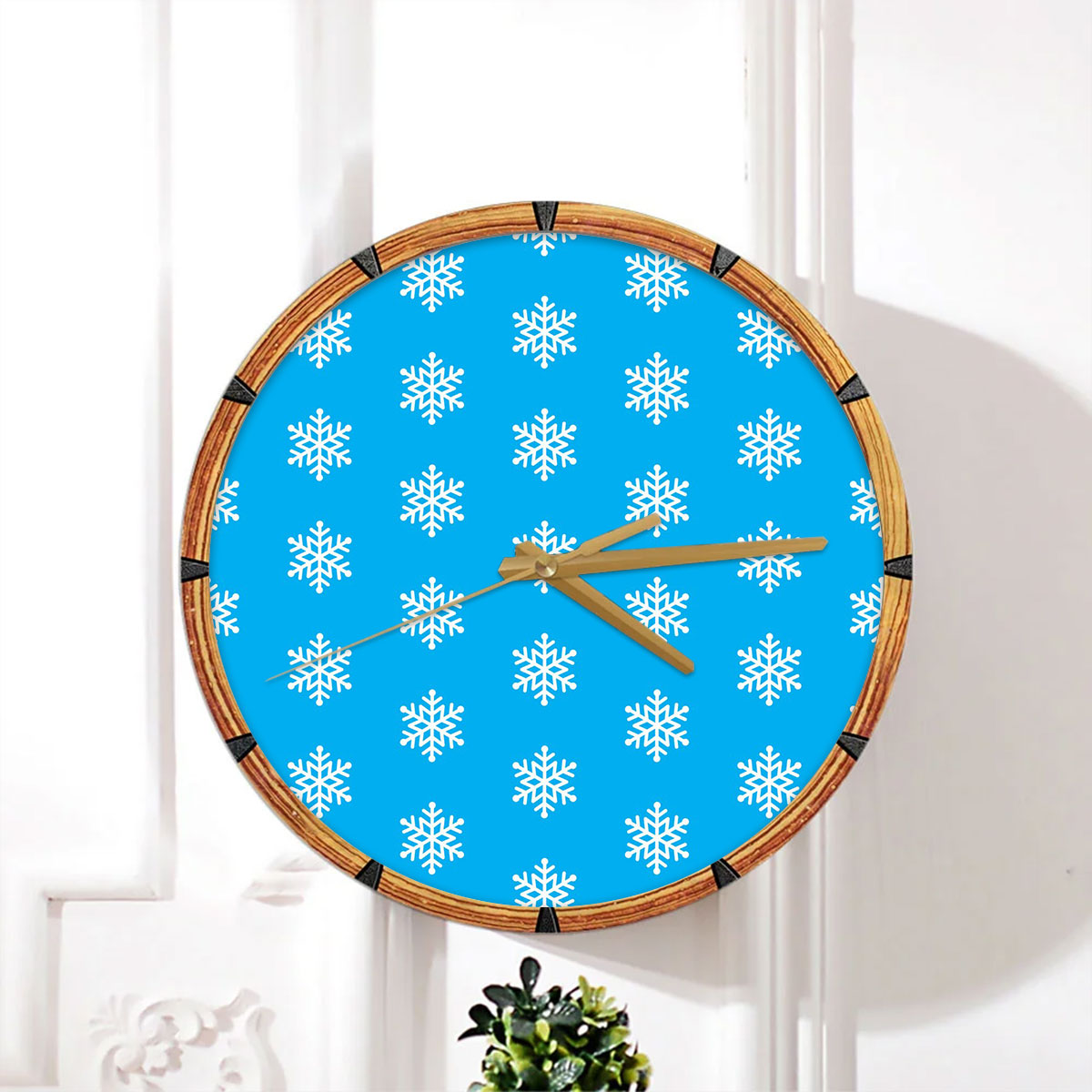 Christmas Snowflake Clipart On The Blue Background Wall Clock