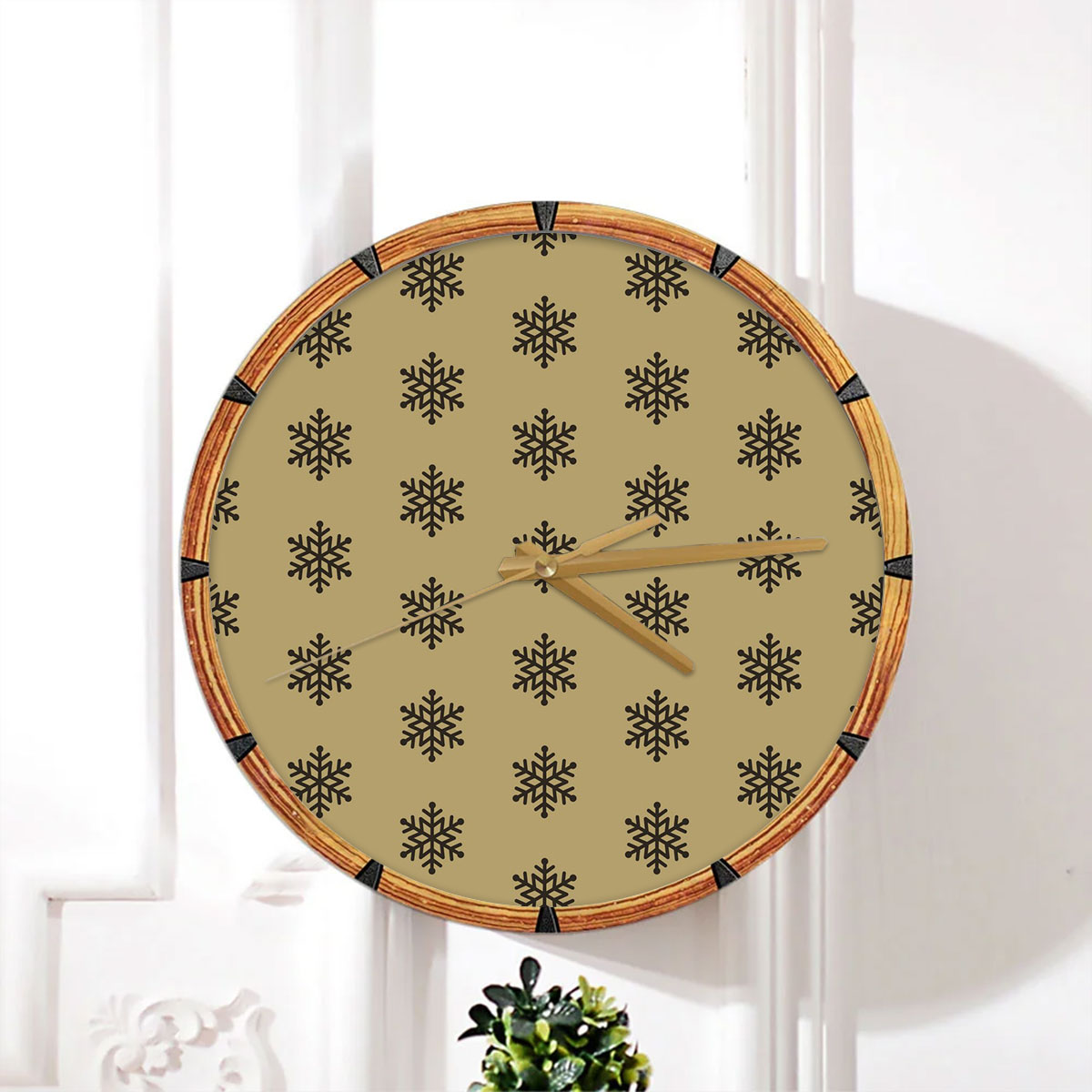 Christmas Snowflake Clipart On The Brown Background Wall Clock