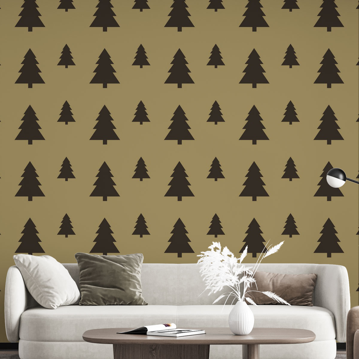 Christmas Pine Tree Silhouette On The Brown Background Wall Mural