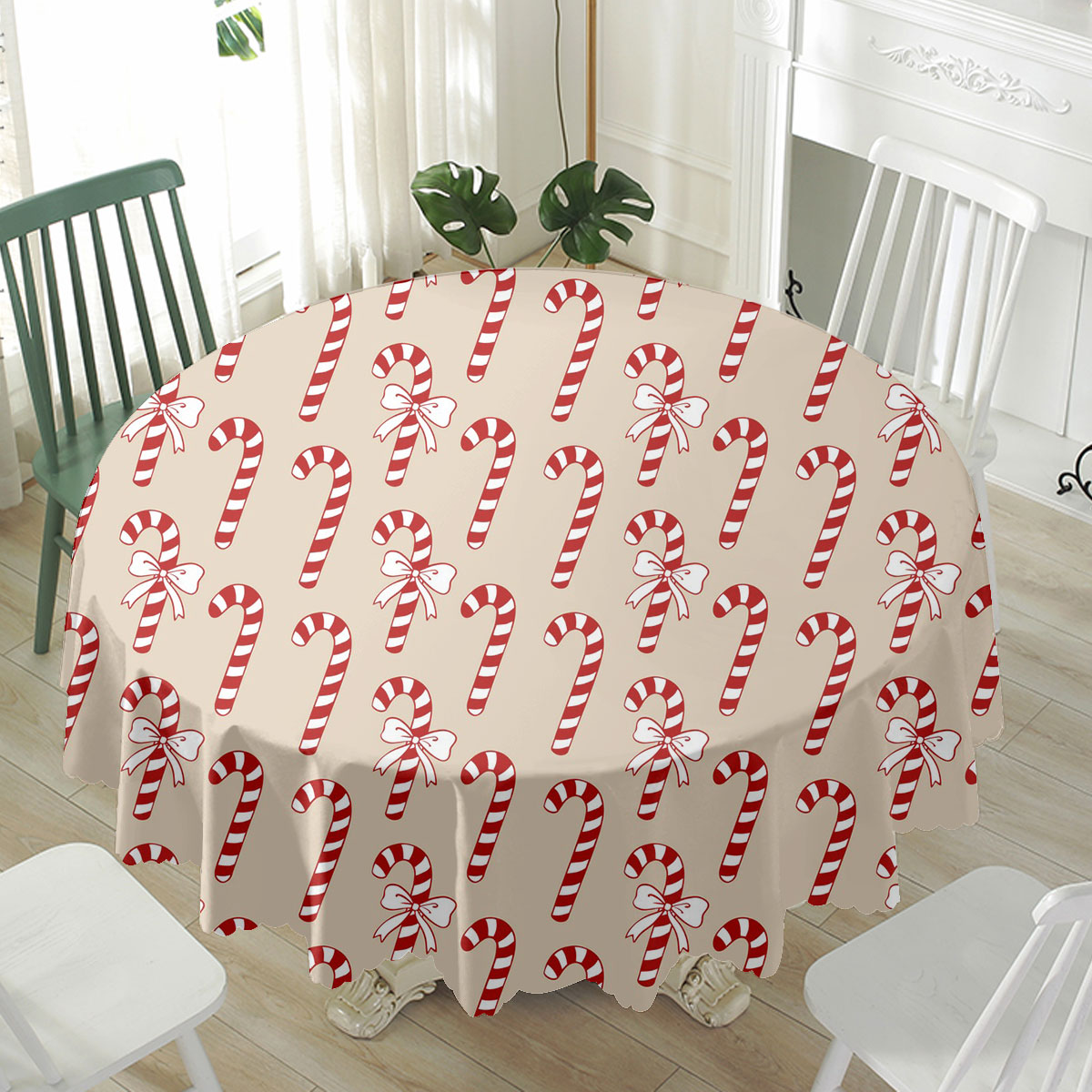 Candy Cane Beige Christmas Waterproof Tablecloth