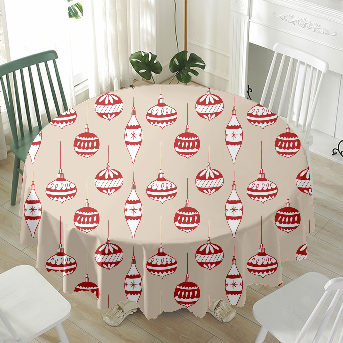 Christmas Ball And Light Beige Waterproof Tablecloth