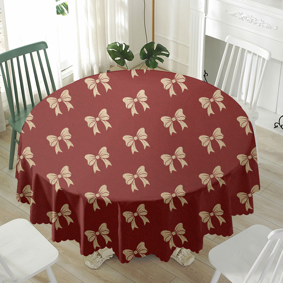 Christmas Bow, Christmas Tree Bows On Red Waterproof Tablecloth