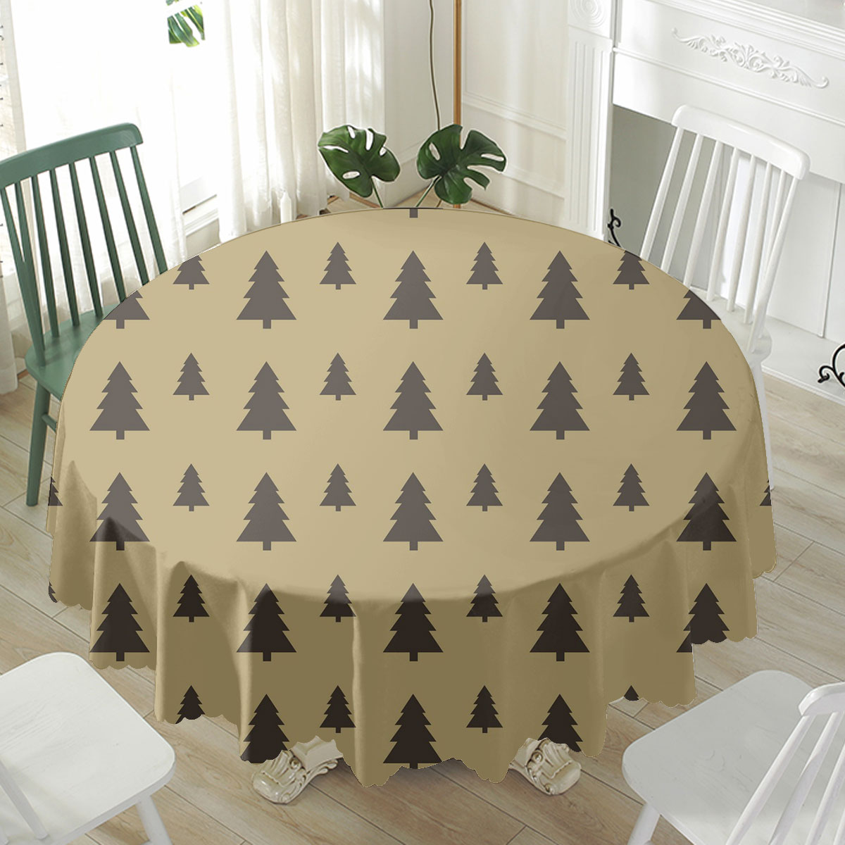 Christmas Pine Tree Silhouette On The Brown Background Waterproof Tablecloth