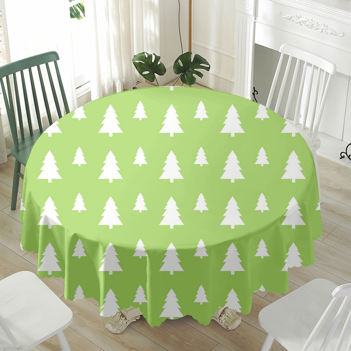 Christmas Pine Tree Silhouette On The Green Background Waterproof Tablecloth