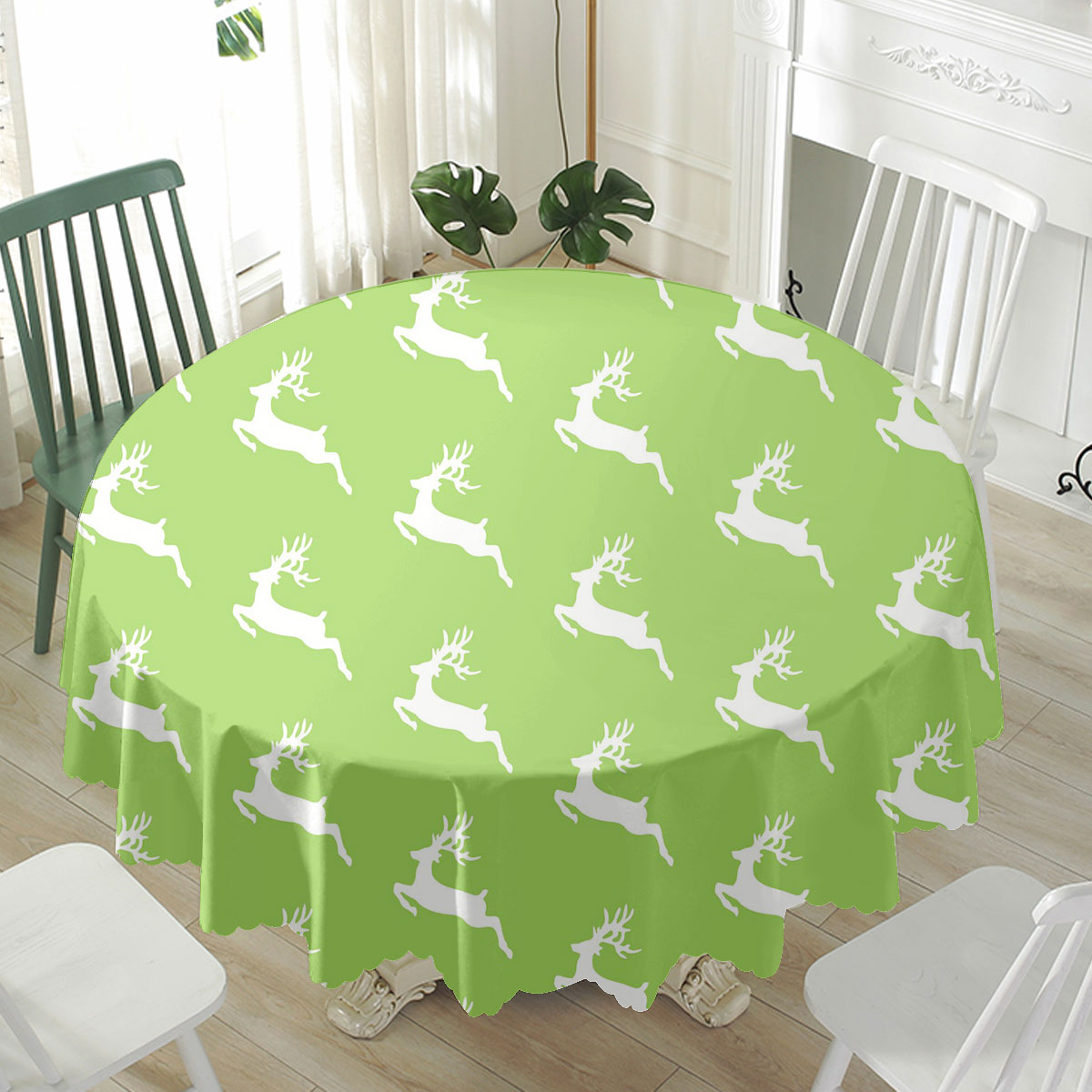 Christmas Reindeer On The Green Background Waterproof Tablecloth