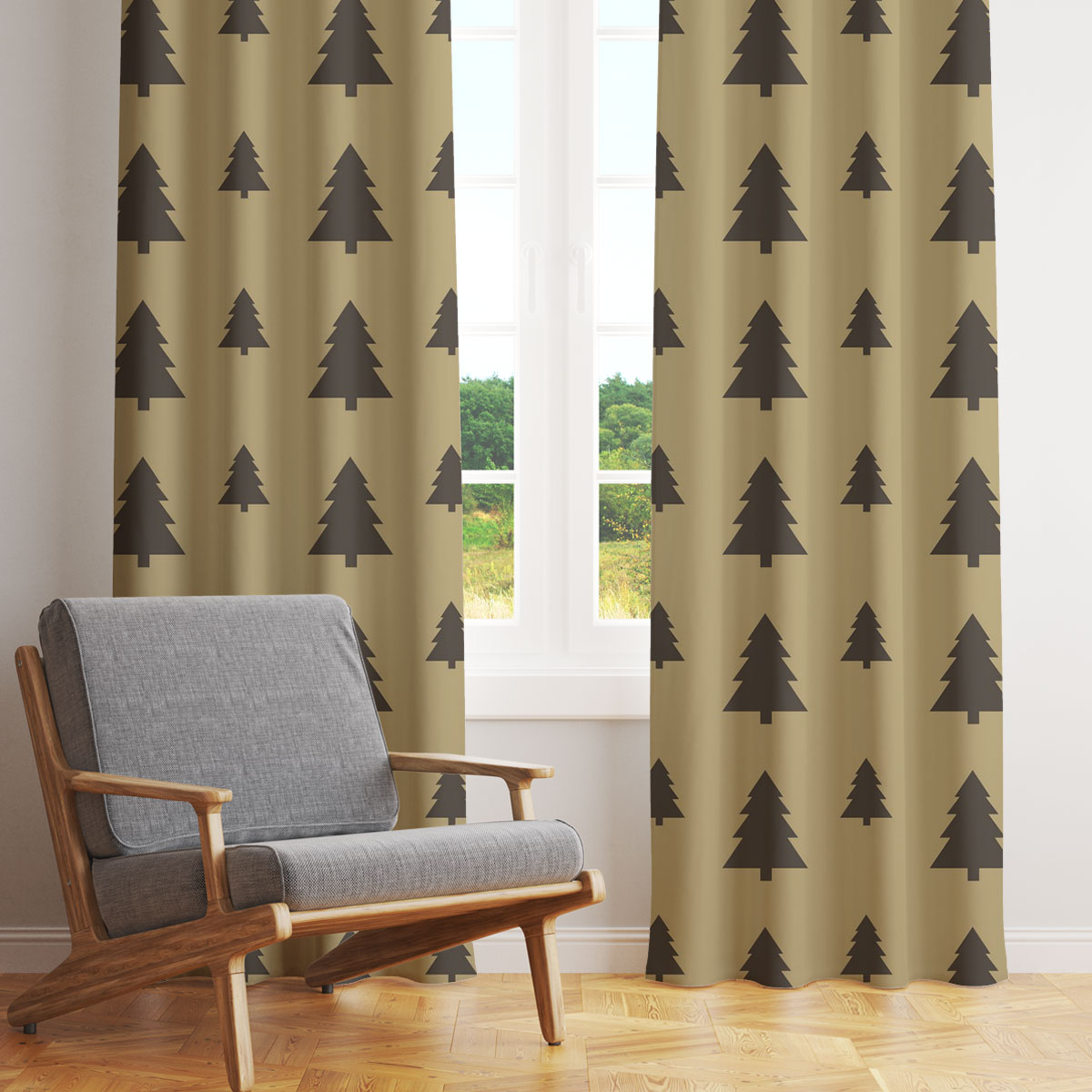 Christmas Pine Tree Silhouette On The Brown Background Window Curtain