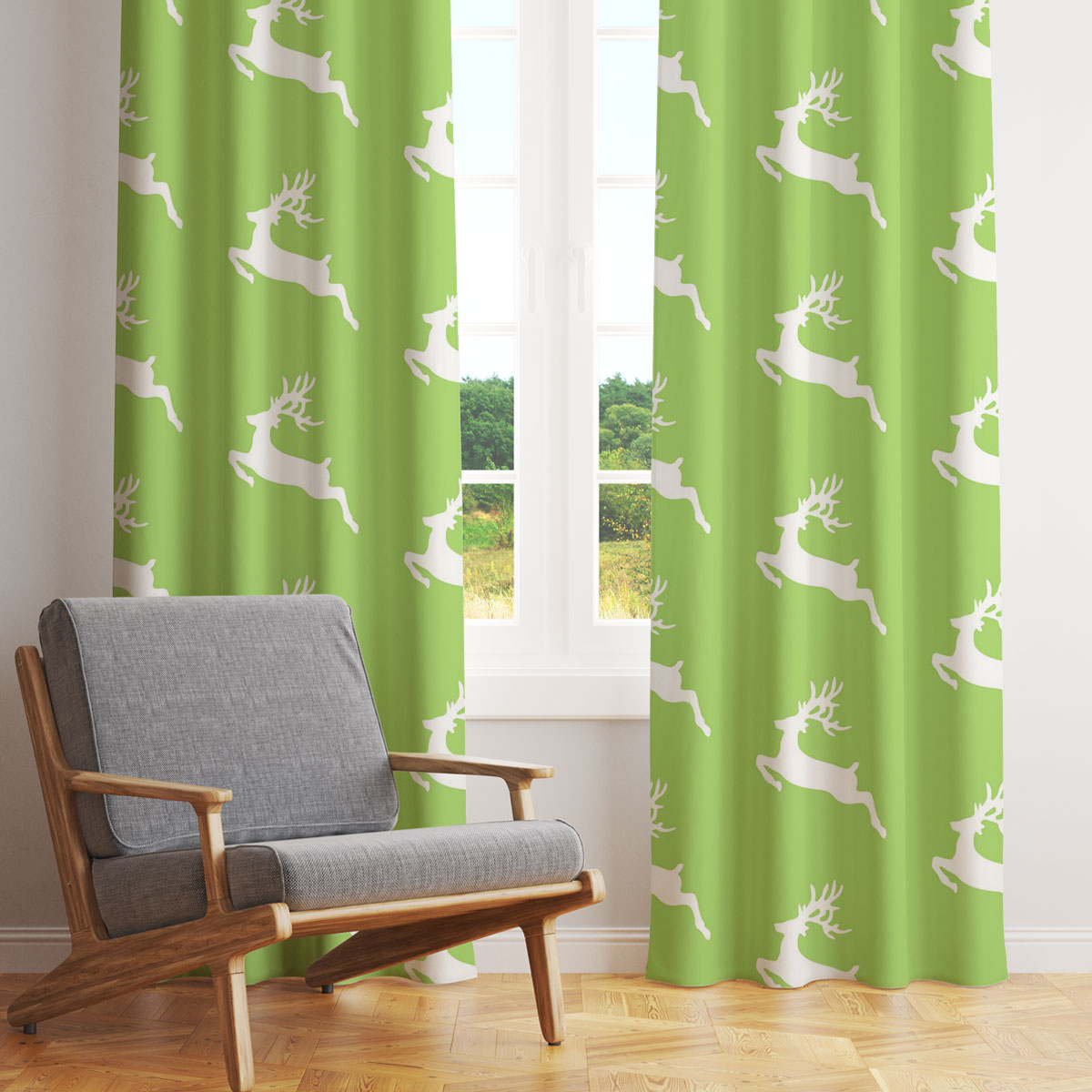 Christmas Reindeer On The Green Background Window Curtain