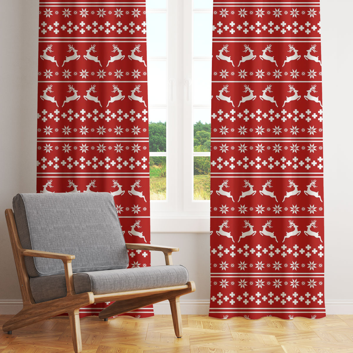 Christmas Reindeer, Snowflake Pattern Window Curtain