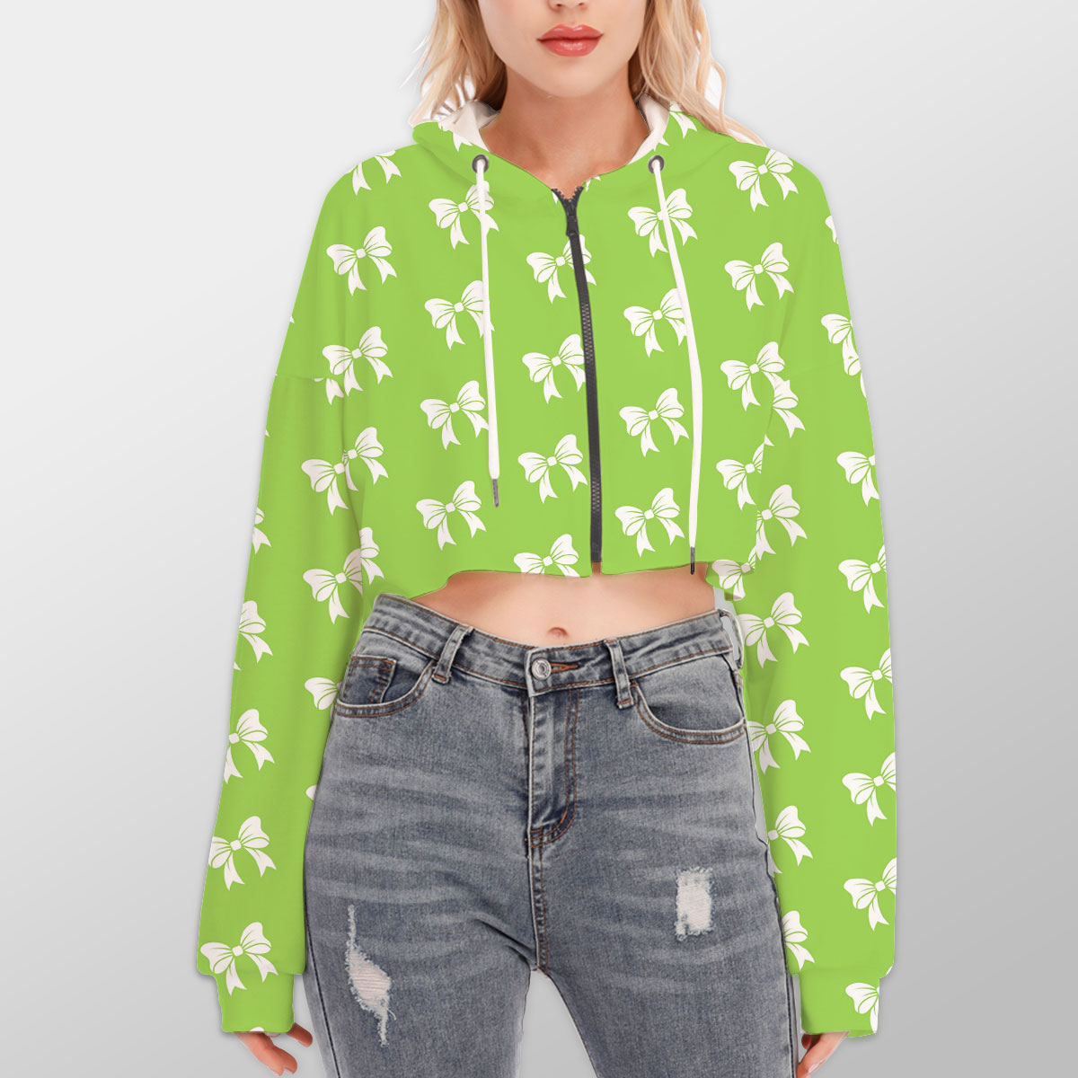 Christmas Bow, Christmas Tree Bows On The Green Background Hoodie With Zipper Closure