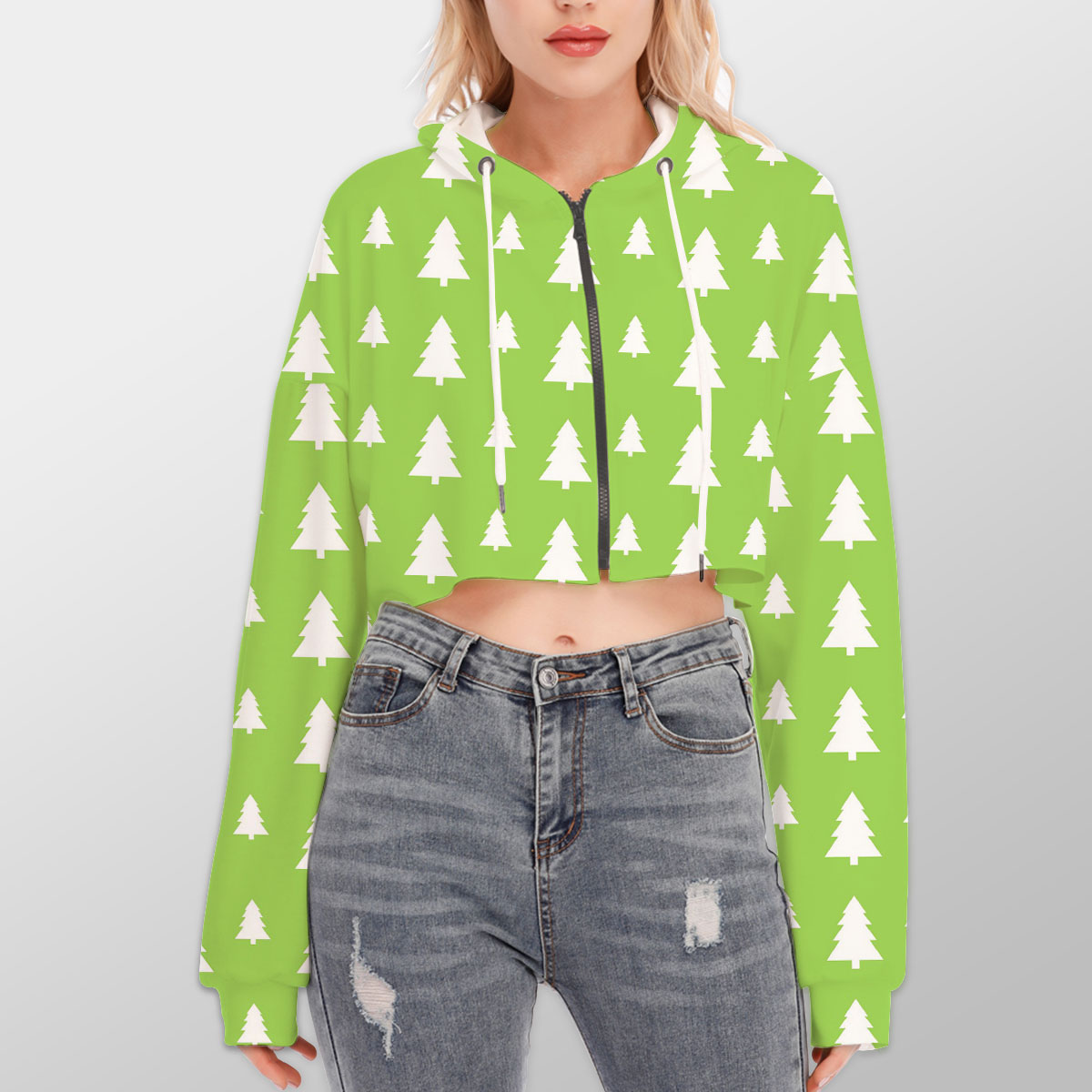 Christmas Pine Tree Silhouette On The Green Background Hoodie With Zipper Closure