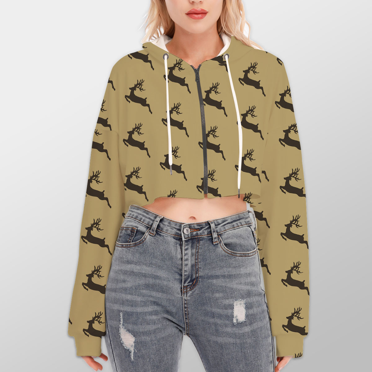 Christmas Reindeer On The Brown Background Hoodie With Zipper Closure