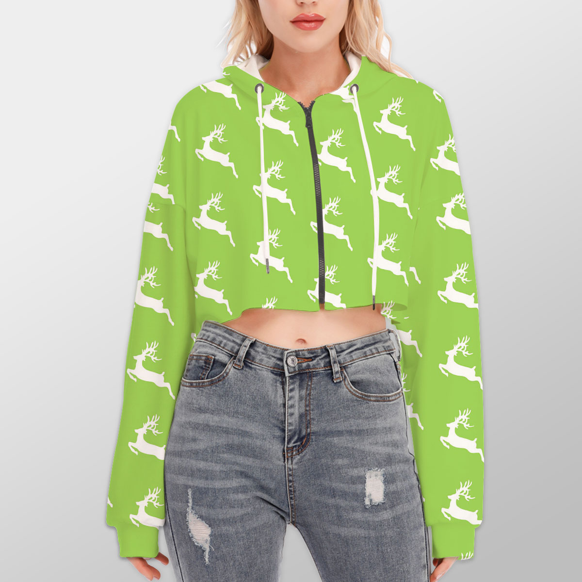 Christmas Reindeer On The Green Background Hoodie With Zipper Closure
