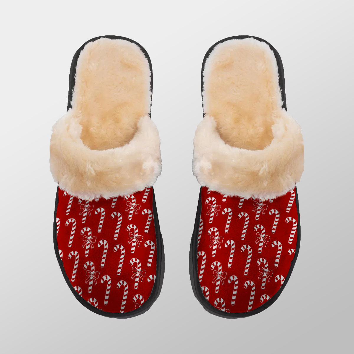 Candy Cane Red Christmas Home Plush Slippers