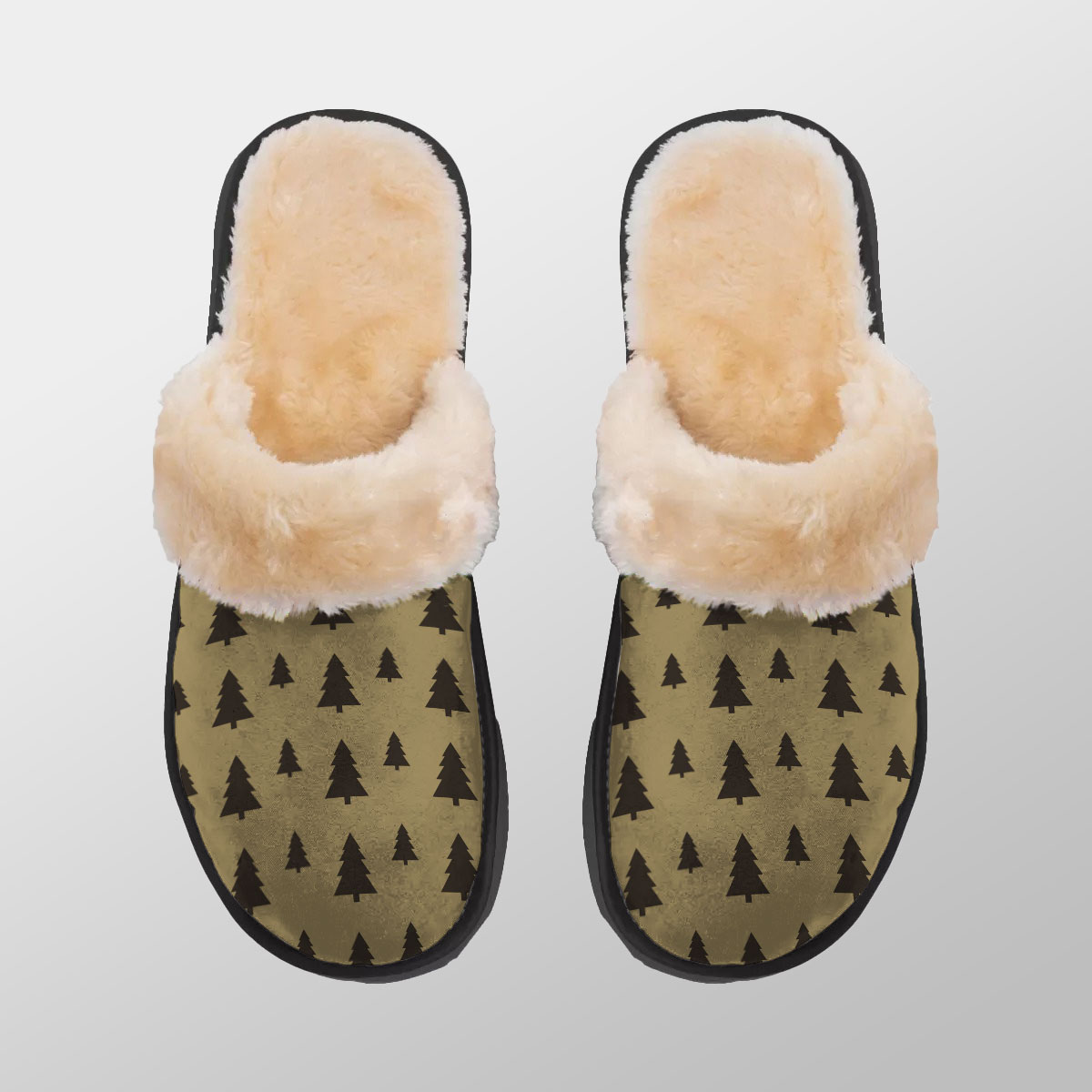 Christmas Pine Tree Silhouette On The Brown Background Home Plush Slippers
