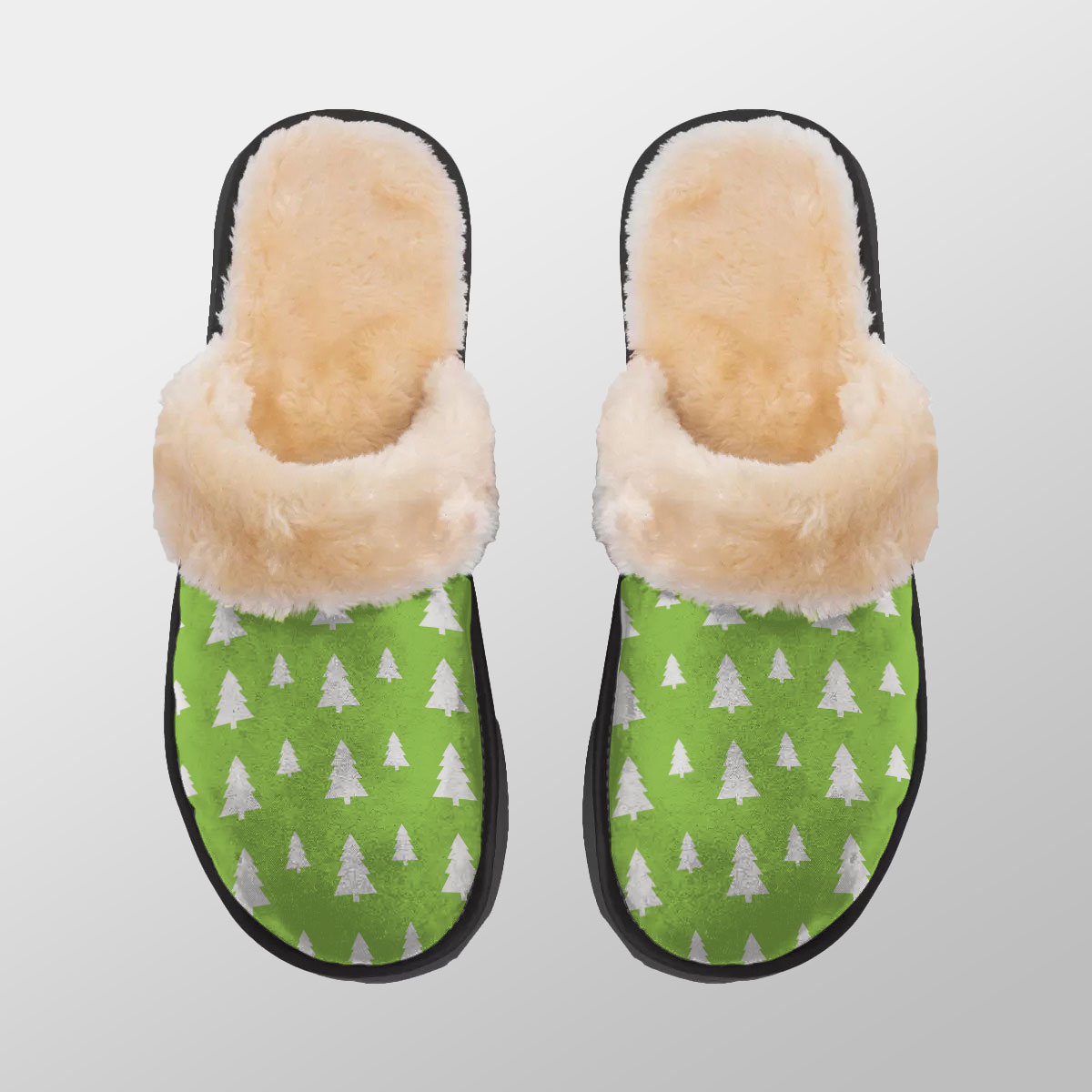 Christmas Pine Tree Silhouette On The Green Background Home Plush Slippers