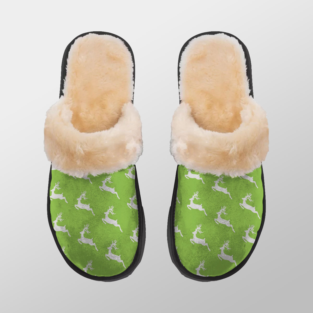 Christmas Reindeer On The Green Background Home Plush Slippers