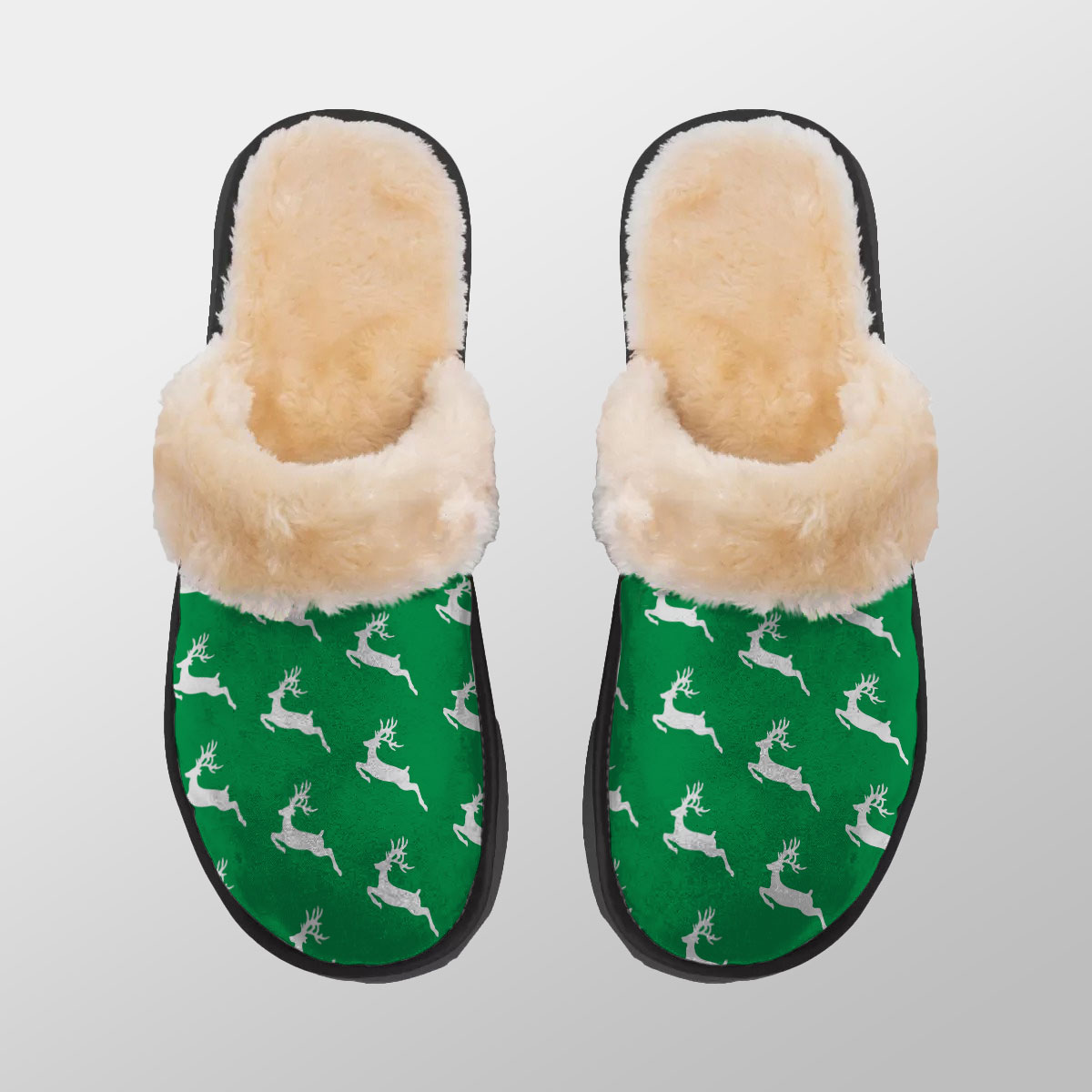 Christmas Reindeer, Santas Reindeer, Reindeer On Green Home Plush Slippers