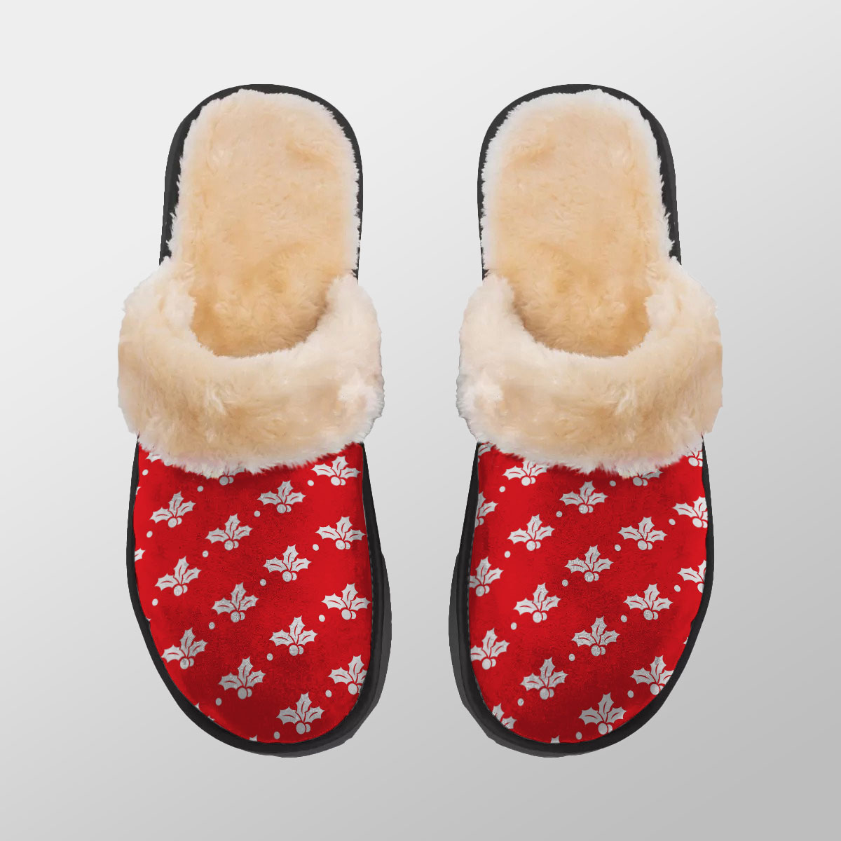 Christmas Seamless Holly Berry Pattern Home Plush Slippers