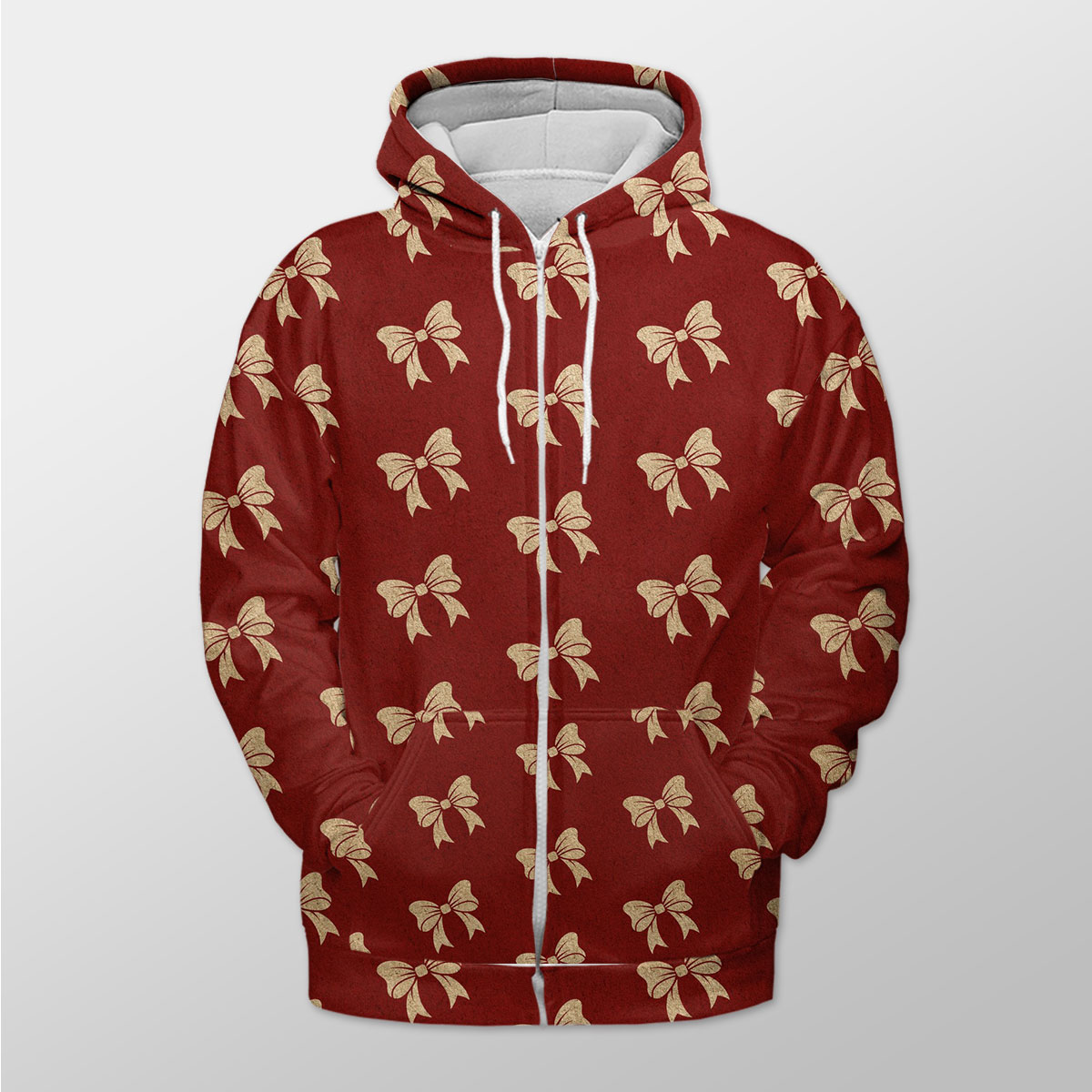 Christmas Bow, Christmas Tree Bows On Red Zip Hoodie