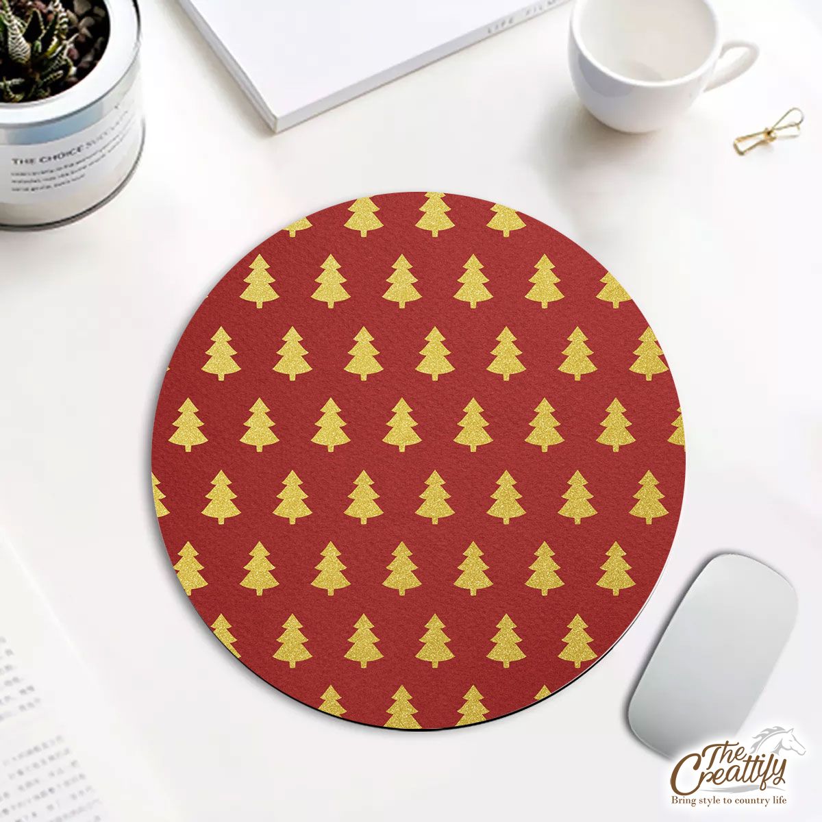 Christmas Tree, Christmas Tree Decorations, Pine Tree Pattern On Red Round Mouse Pad