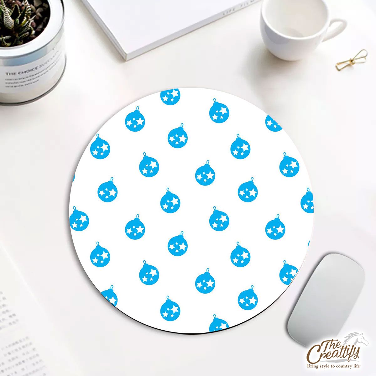 Light Blue Color Christmas Balls On The White Background Round Mouse Pad