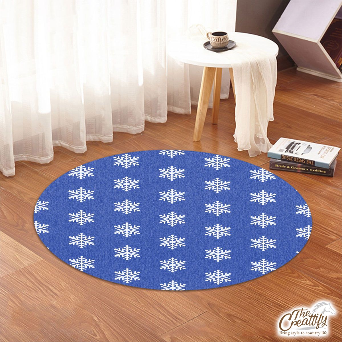 Christmas Snowflake Clipart On The Navy Blue Color Background Round Rug