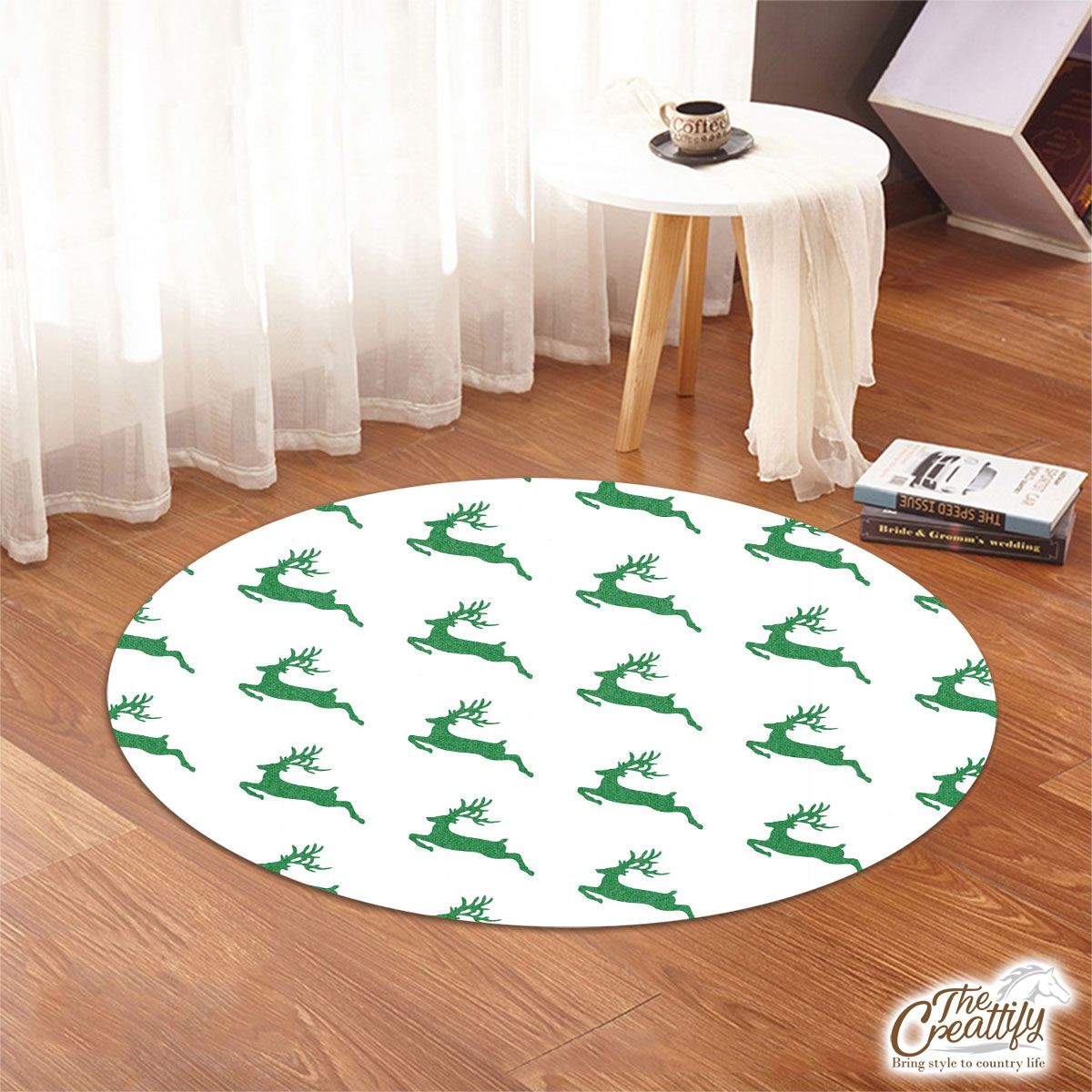 Green And White Christmas Reindeer Round Rug