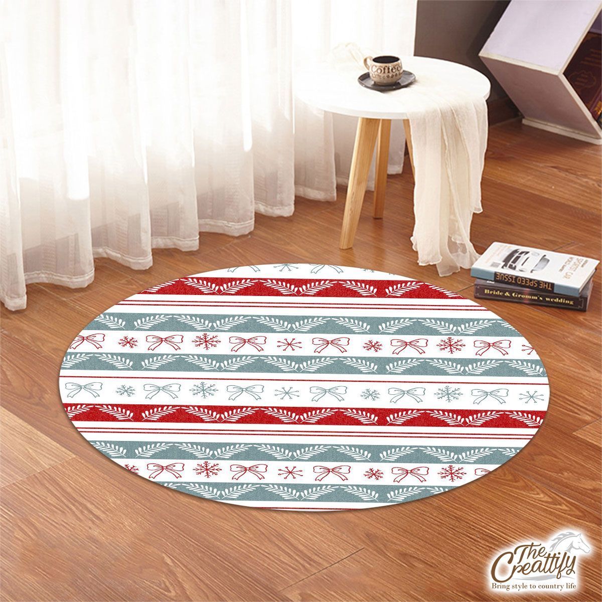 Holly Leaf, Snowflake, Red Christmas Bow Round Rug